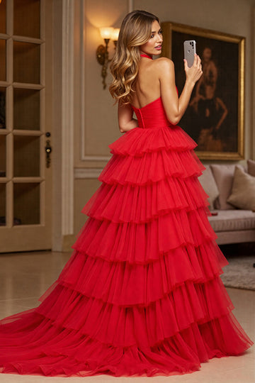 Halter Tiered Long Red Prom Dress With Slit